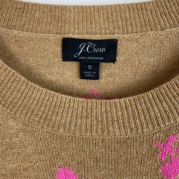 J.Crew S Cashmere Sweater Tan & Pink Cherries Intarsia Neon - Picture 3 of 13